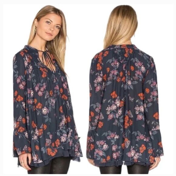 Free People Pebble Crepe So Fine Smocked Floral Tunic Top - Picture 2 of 10
